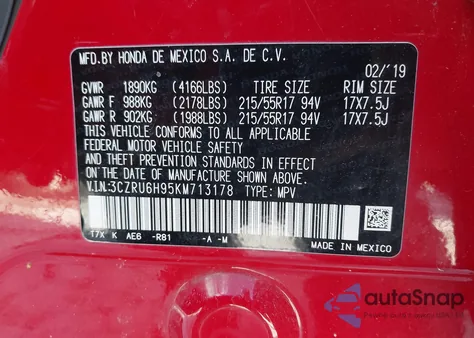 2019 Honda Hr-V Touring из США, поврежденный, VIN 3CZRU6H95KM713178